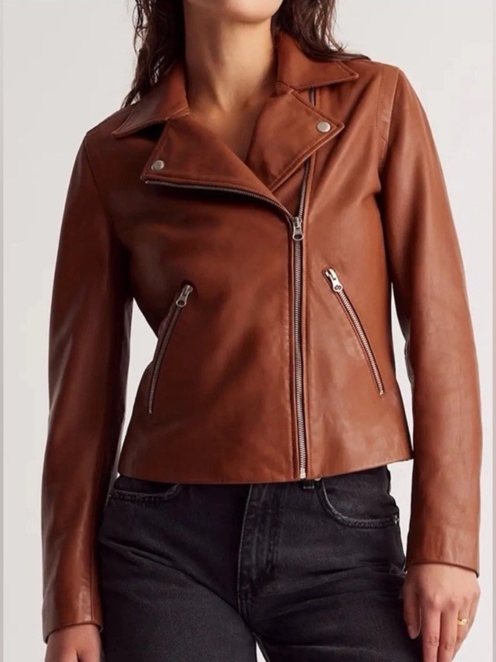 Quince 100% Washed Leather Biker Jacket in Cognac